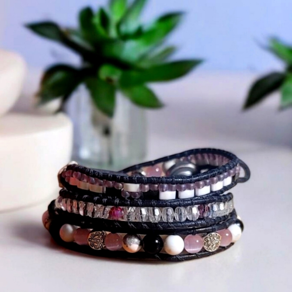 Obsidian and howlite beaded triple wrap bracelet